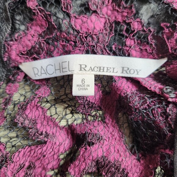 Rachel Roy Lace Cocktail Dress Size 6 Black & Magenta High Neck Fit and Flare - Picture 7 of 9